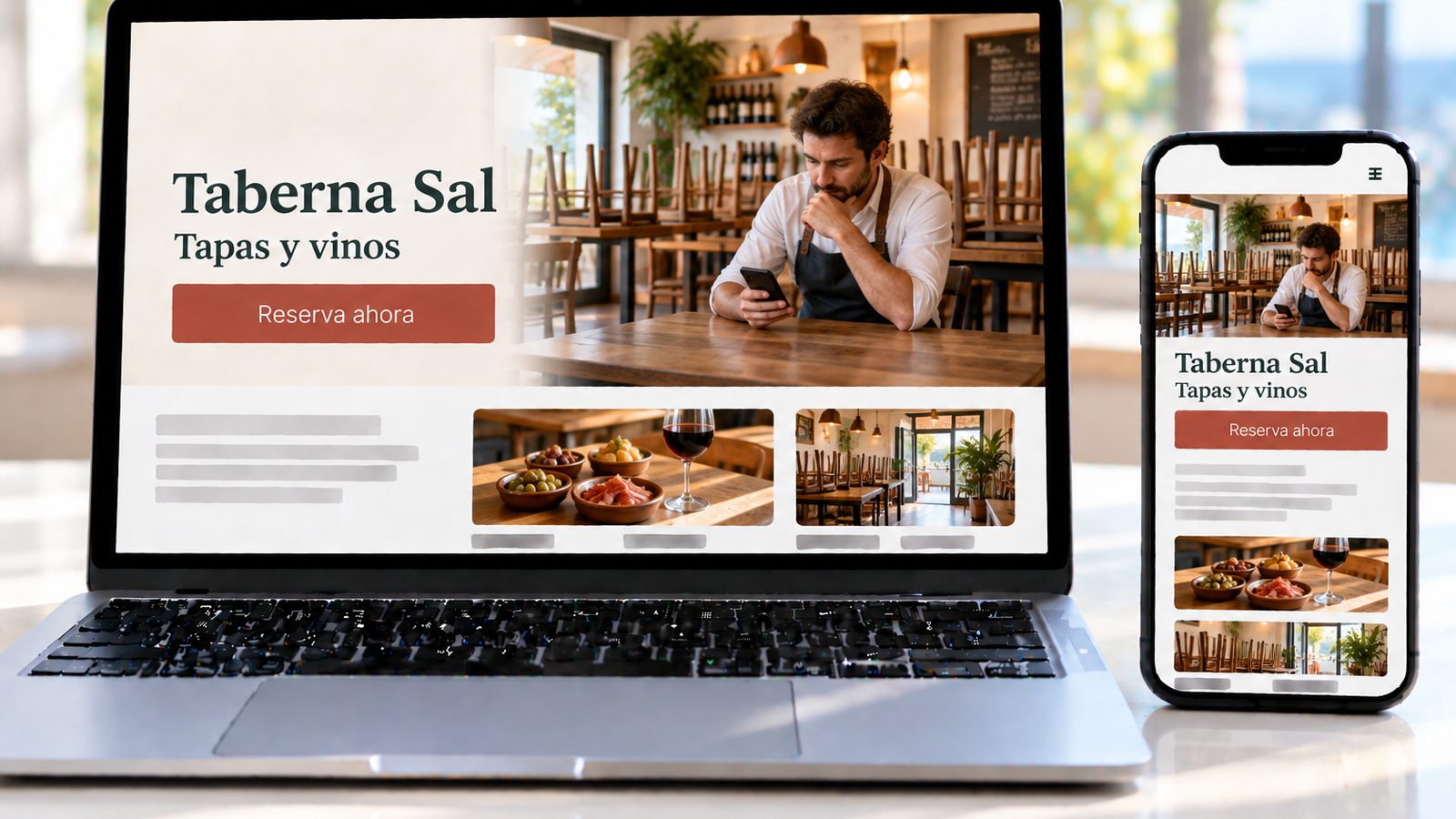 Un portátil y un móvil muestran la web de Taberna Sal, con un restaurador revisando su teléfono tras el servicio.