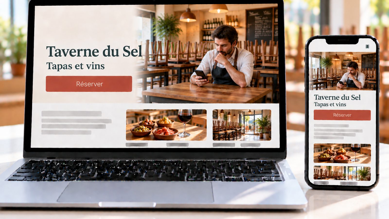 Un ordinateur portable et un smartphone affichent le site de la Taverne du Sel, avec un restaurateur consultant son téléphone après le service.