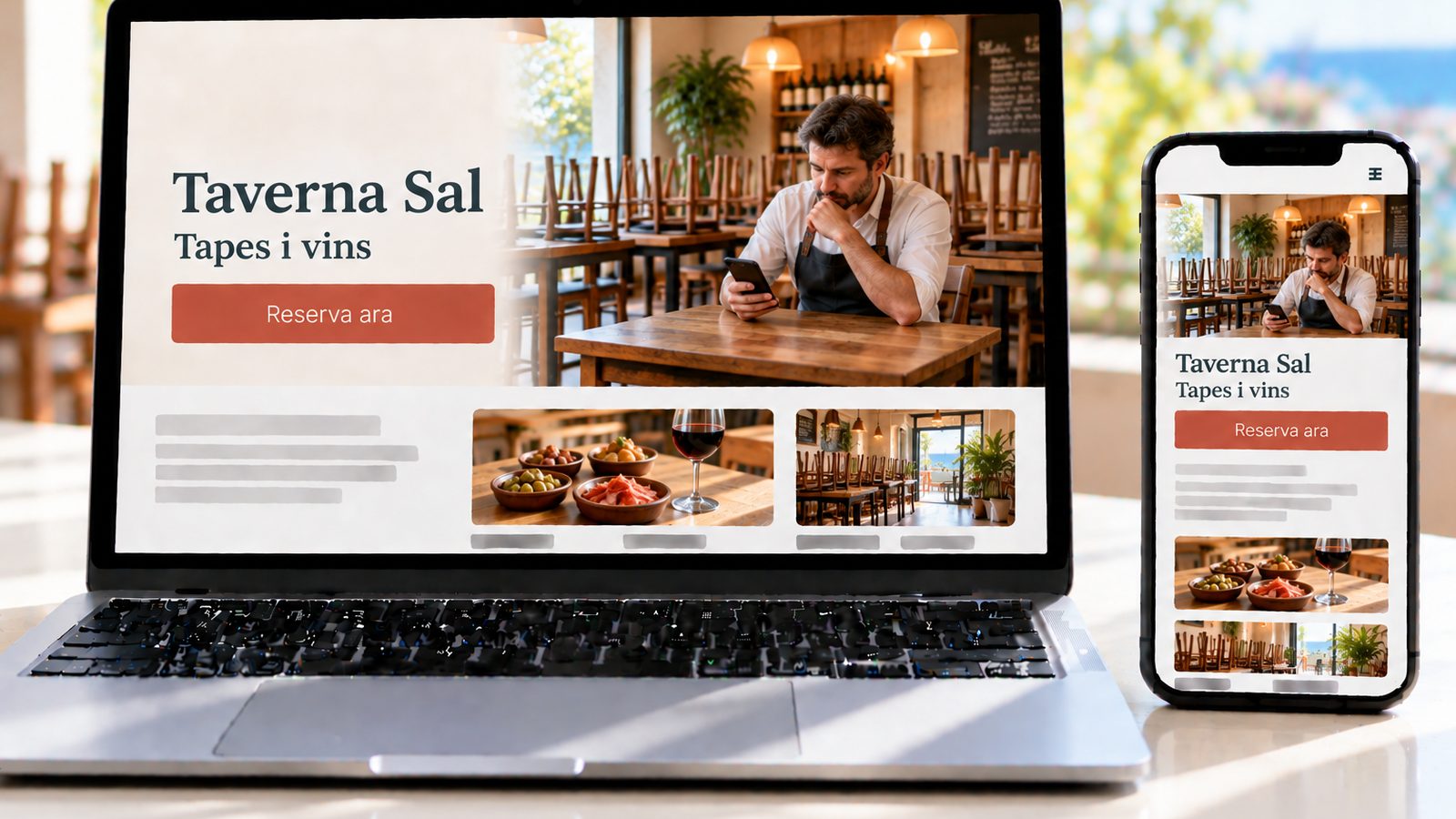 Un portàtil i un mòbil mostren la web de Taverna Sal, amb un restaurador revisant el telèfon després del servei.