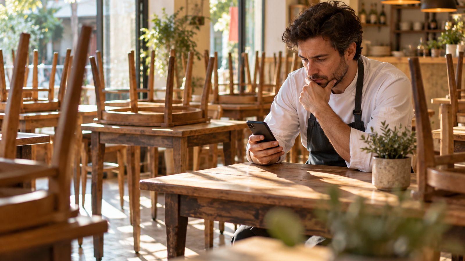 Un restaurador consulta atentamente su teléfono en una mesa después del servicio, con las sillas sobre las mesas del café.