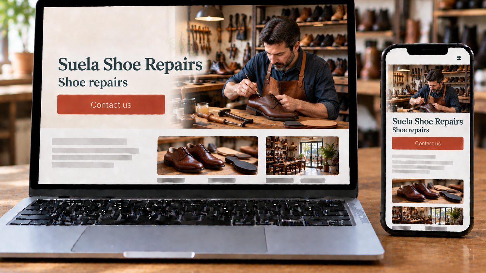 A laptop and smartphone display the Suela Shoe Repairs website while a cobbler repairs a leather shoe.