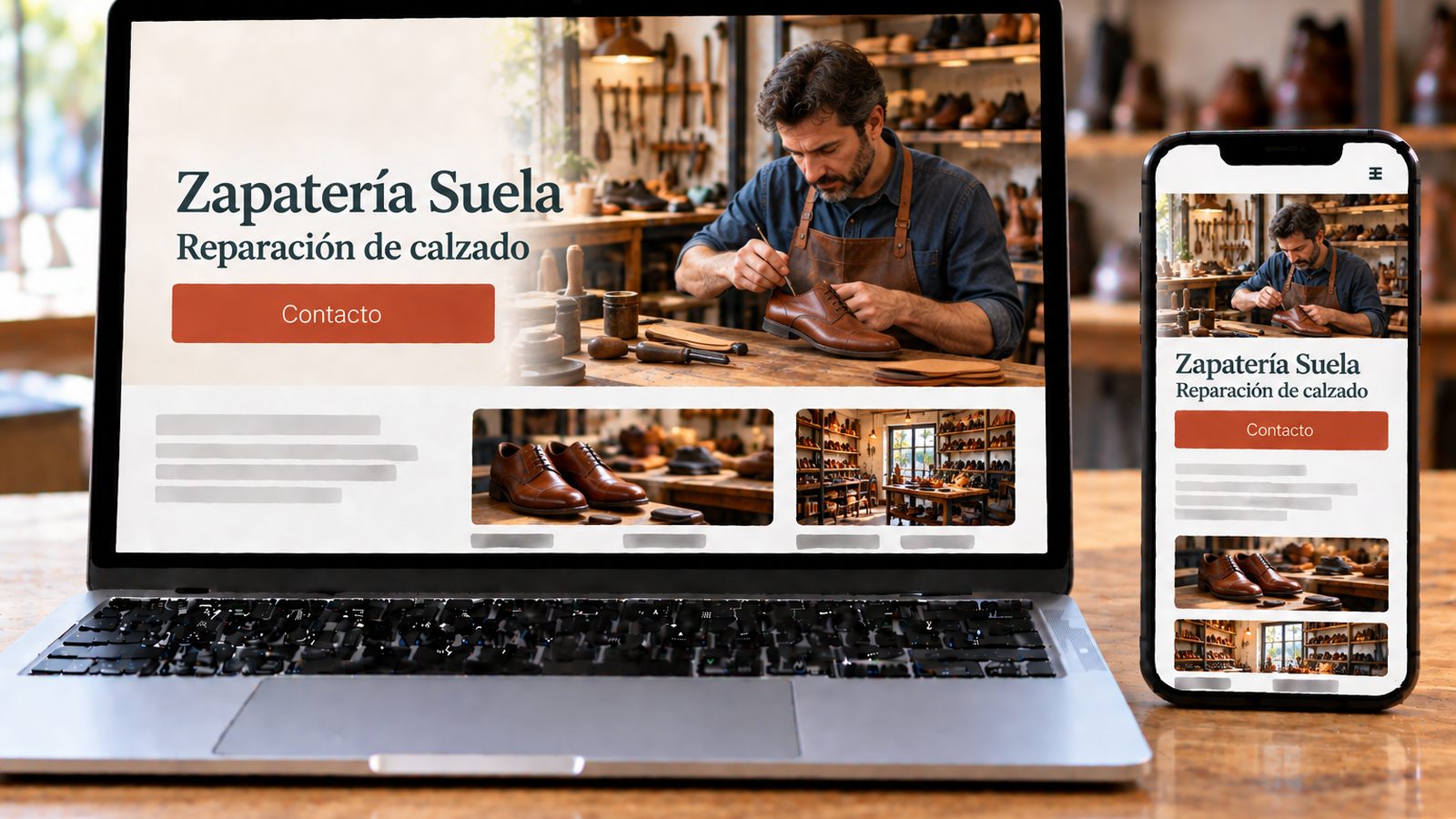 Un portátil y un móvil muestran la web de Zapatería Suela mientras un zapatero repara un zapato de cuero.