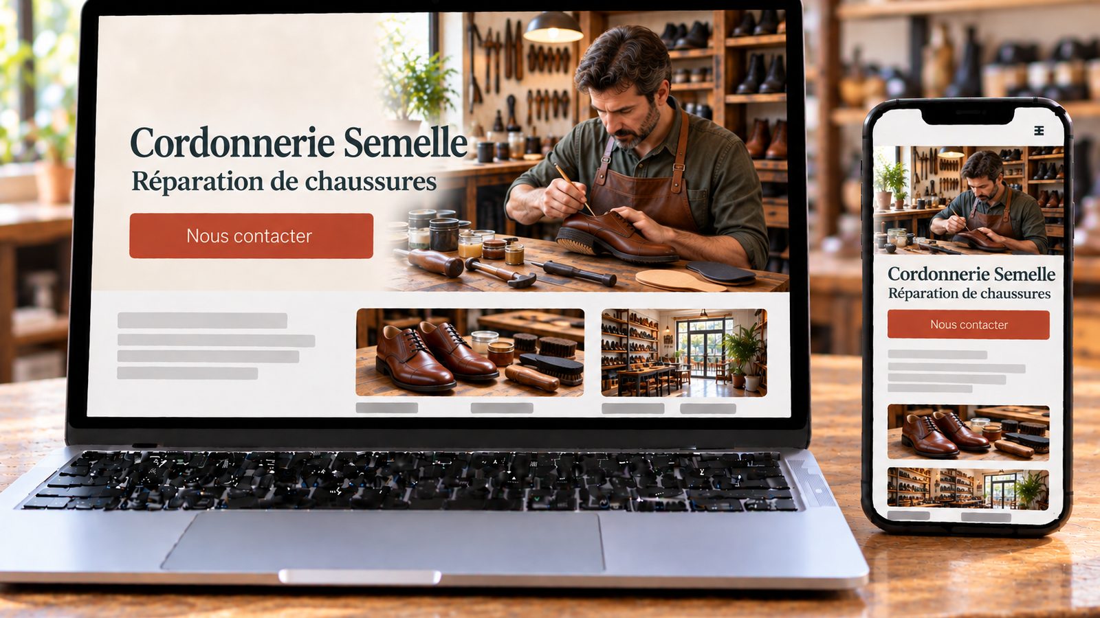 Un ordinateur portable et un smartphone affichent le site de Cordonnerie Semelle, avec un artisan réparant une chaussure en cuir.