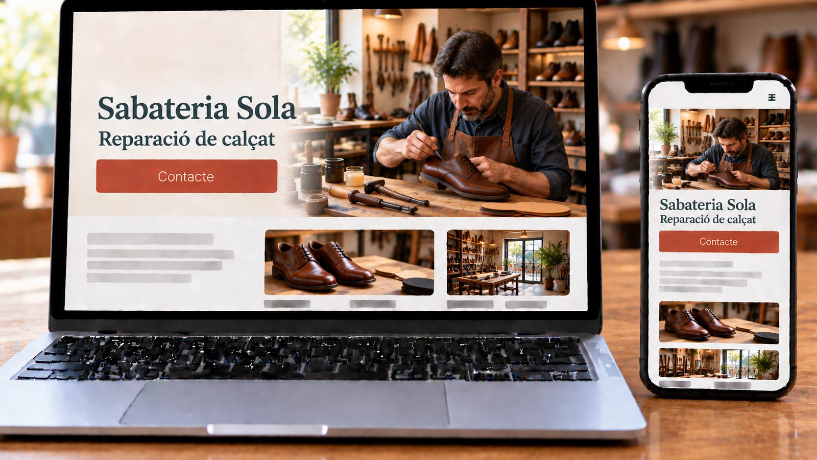 Un portàtil i un mòbil mostren la web de Sabateria Sola mentre un sabater repara una sabata de cuir.