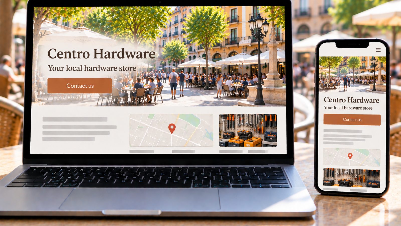 Laptop and smartphone display a local hardware store website with a location map and tool photos.