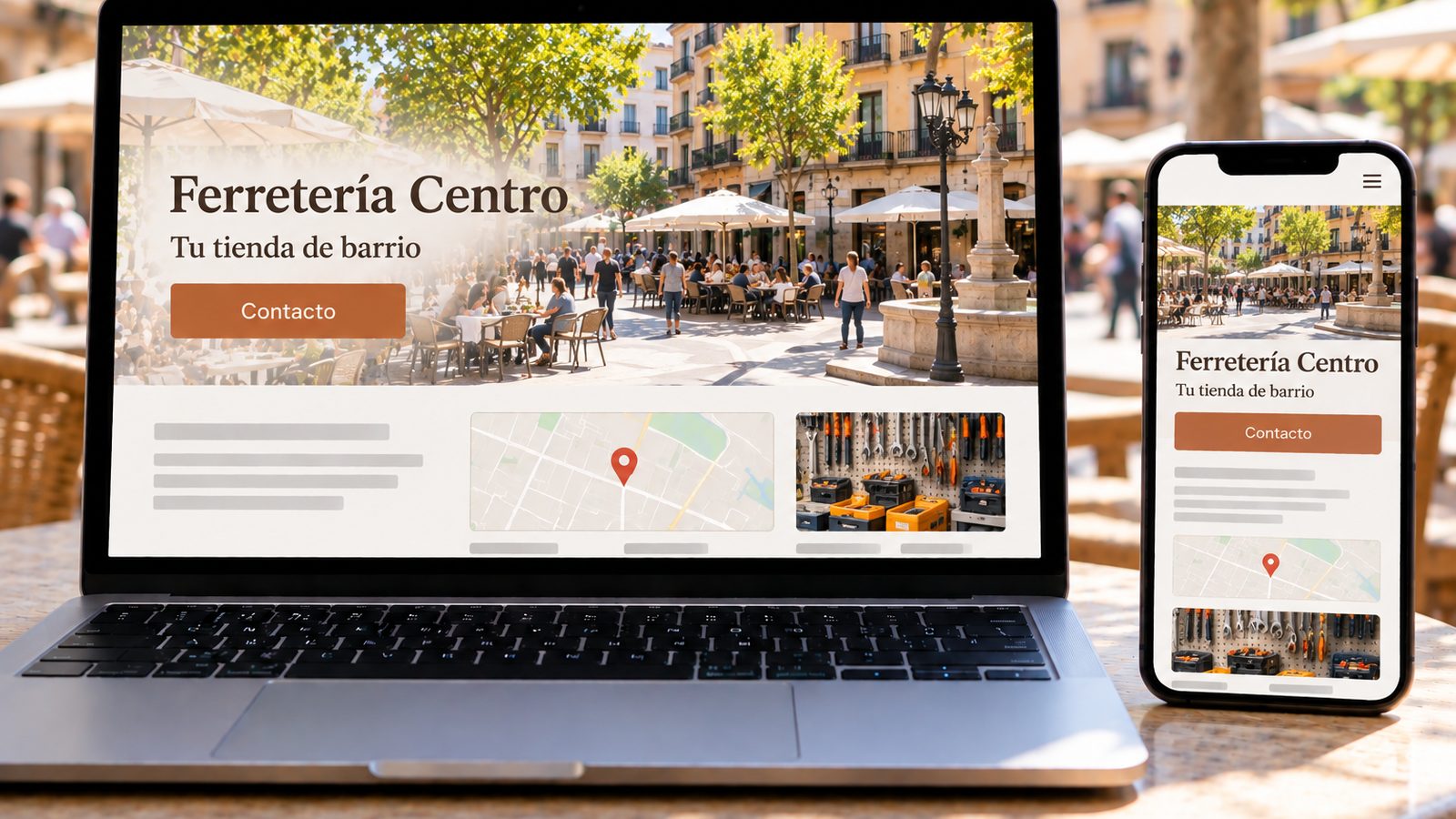 Un portátil y un móvil muestran la web de una ferretería local con un mapa y fotografías de herramientas.