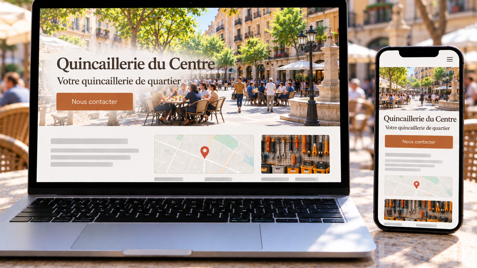 Un ordinateur portable et un smartphone affichent le site d’une quincaillerie avec une carte et des photos d’outils.