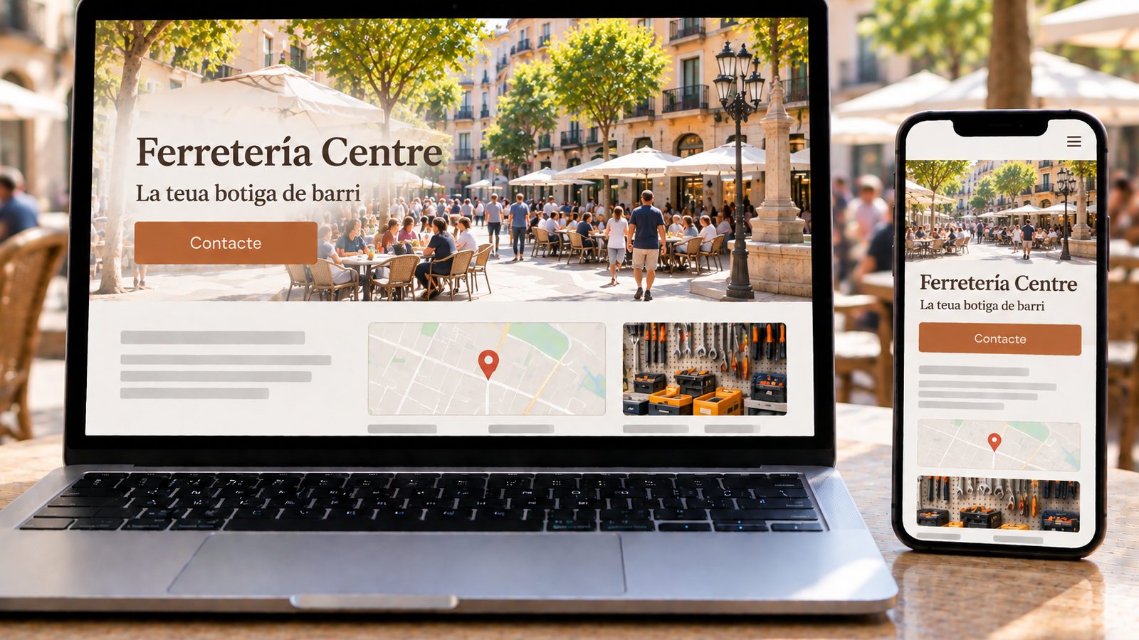 Un ordinador i un mòbil mostren la web d’una ferreteria amb un mapa i imatges d’eines.