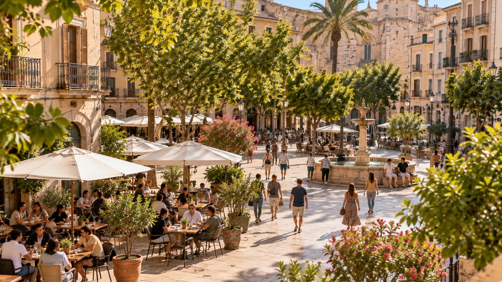 Vista elevada de una plaza mediterránea soleada con terrazas de cafeterías, árboles y peatones paseando.
