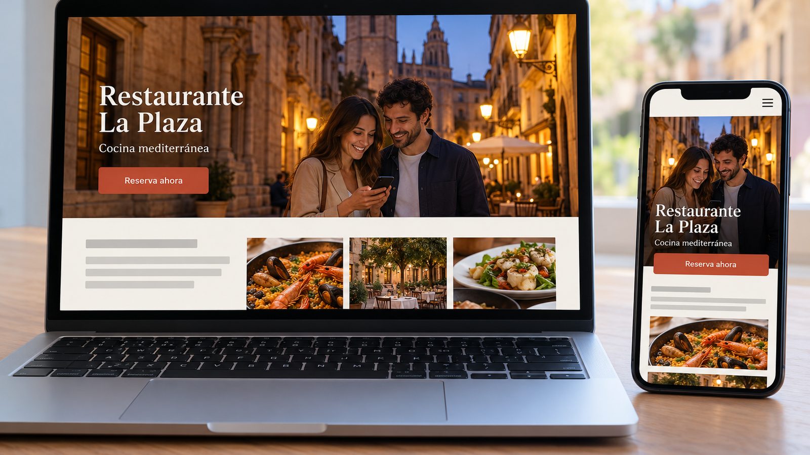 Ordenador portátil y móvil muestran la web adaptable de un restaurante con fotos y opción de reserva.