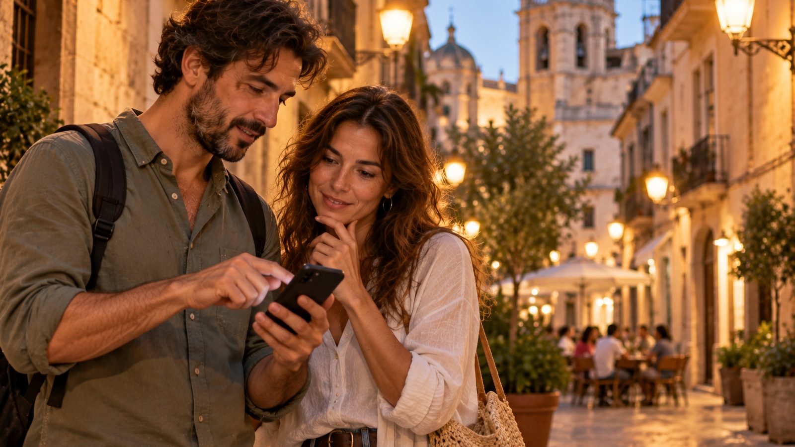 Una pareja consulta un teléfono en una calle empedrada del centro histórico de Valencia al anochecer.