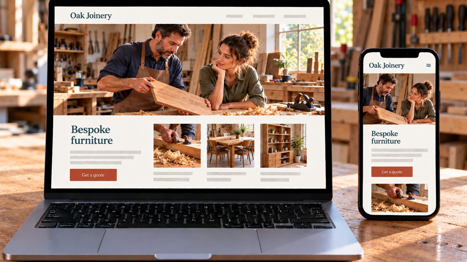 A laptop and smartphone display a carpentry website featuring a craftsperson and client in the workshop.