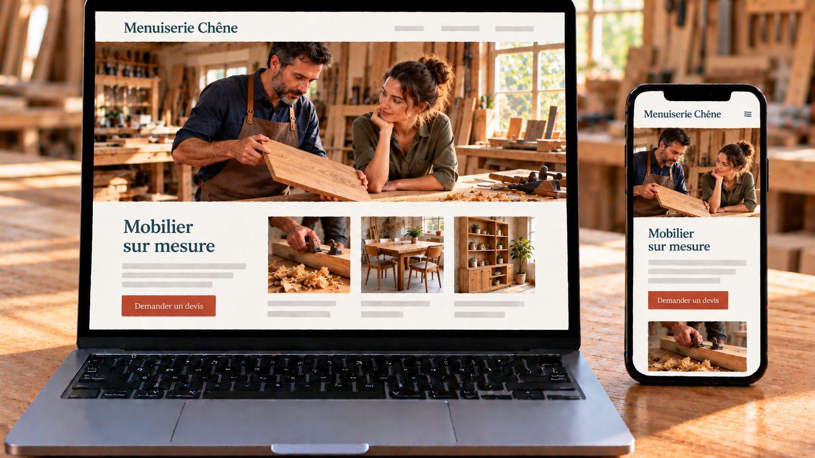 Un ordinateur et un smartphone affichent le site d'une menuiserie avec un artisan et une cliente dans l'atelier.