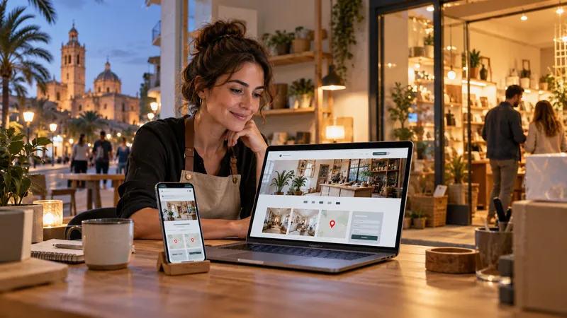 Una autónoma con delantal revisa la web de su tienda en un portátil y en el móvil, en una terraza de Valencia al atardecer