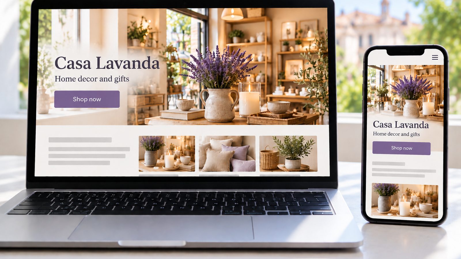 Laptop and smartphone display a home decor shop website with product photos in desktop and mobile layouts.