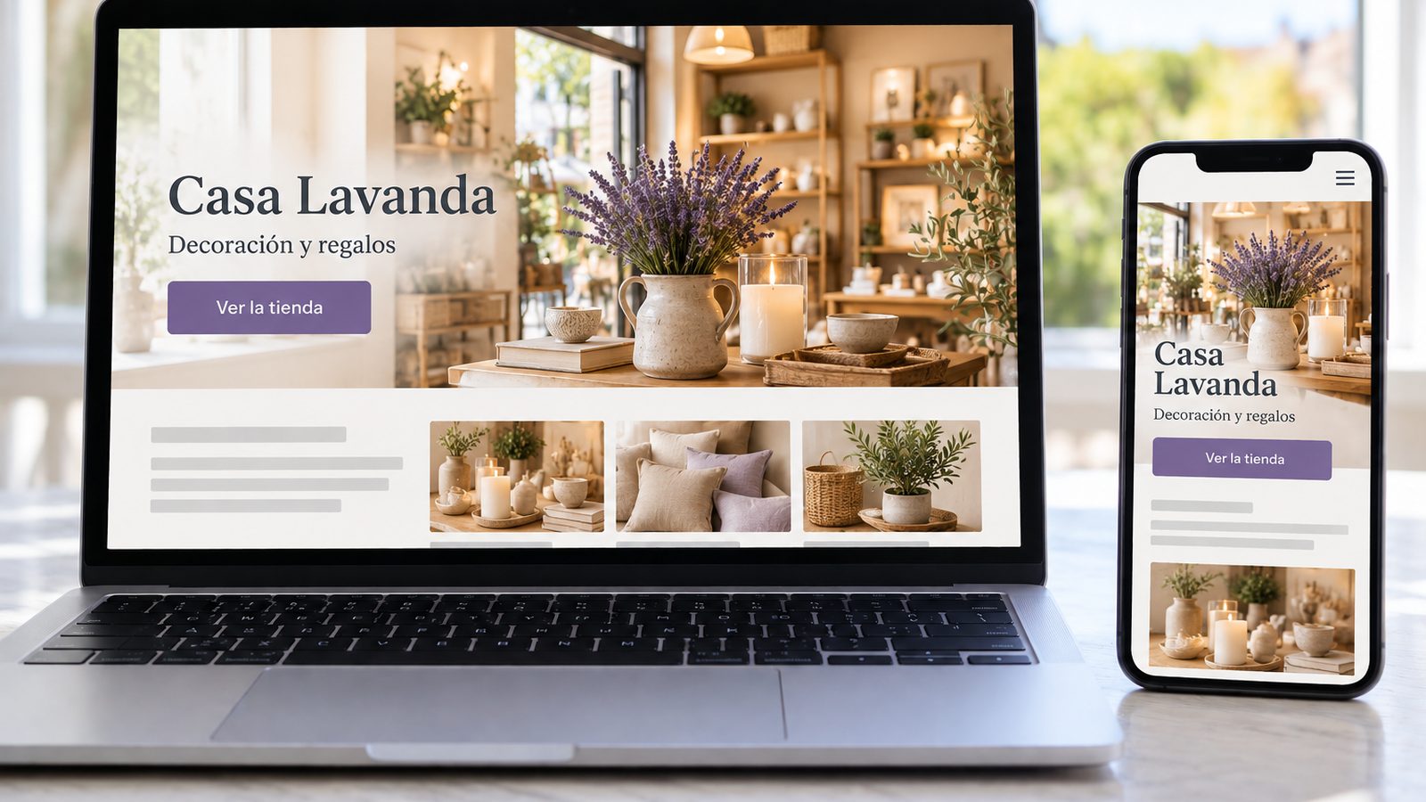 Portátil y móvil muestran una tienda de decoración con fotografías de productos y diseño adaptable.