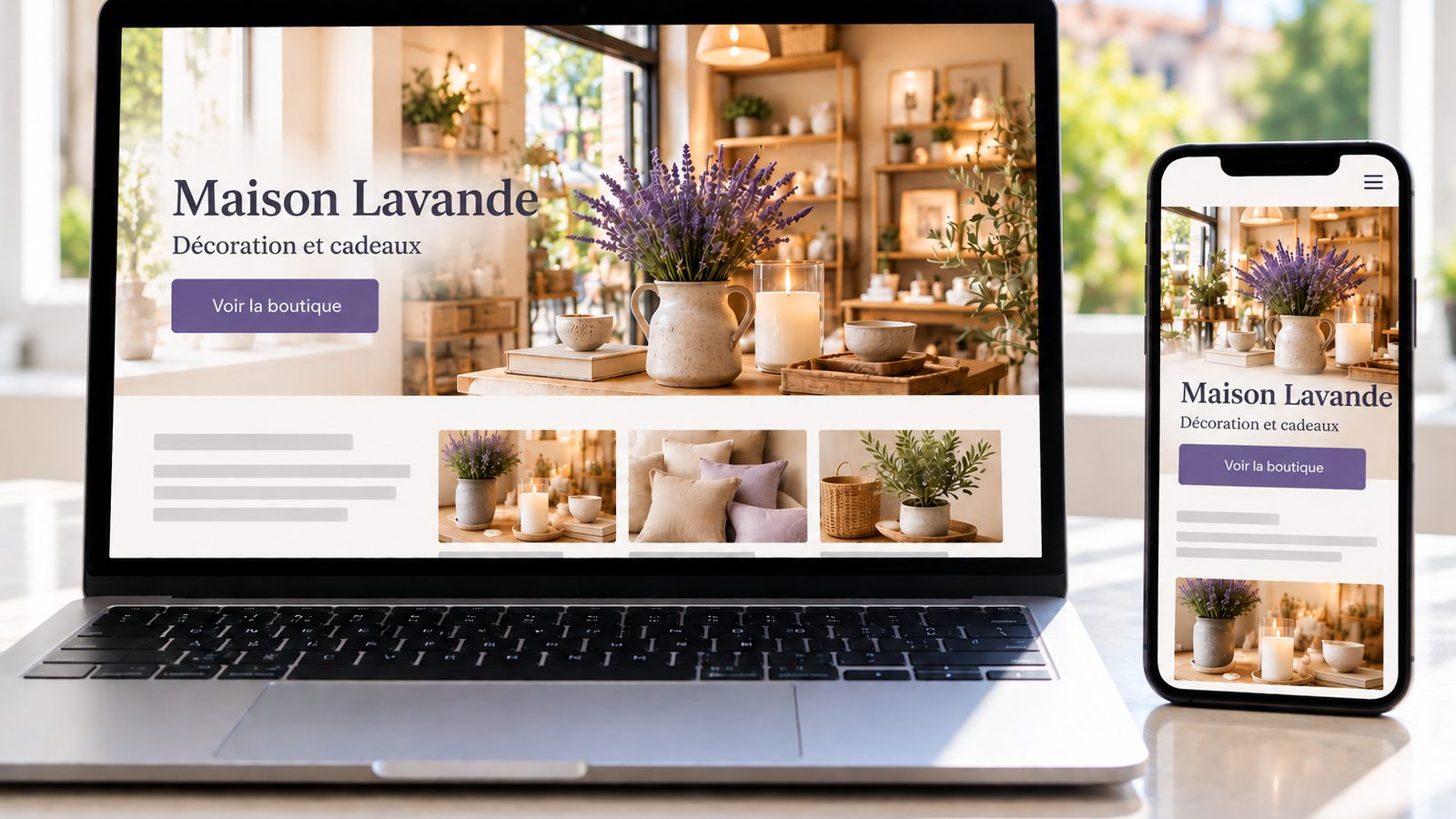 Un ordinateur portable et un smartphone affichent le site d’une boutique de décoration en versions ordinateur et mobile.