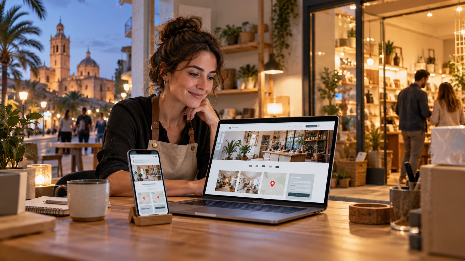 Una autónoma con delantal revisa la web de su tienda en un portátil y en el móvil, en una terraza de Valencia al atardecer