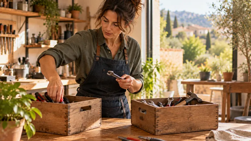 Una artesana organiza herramientas de mano en dos cajas de madera sobre su banco de trabajo, en un taller luminoso.
