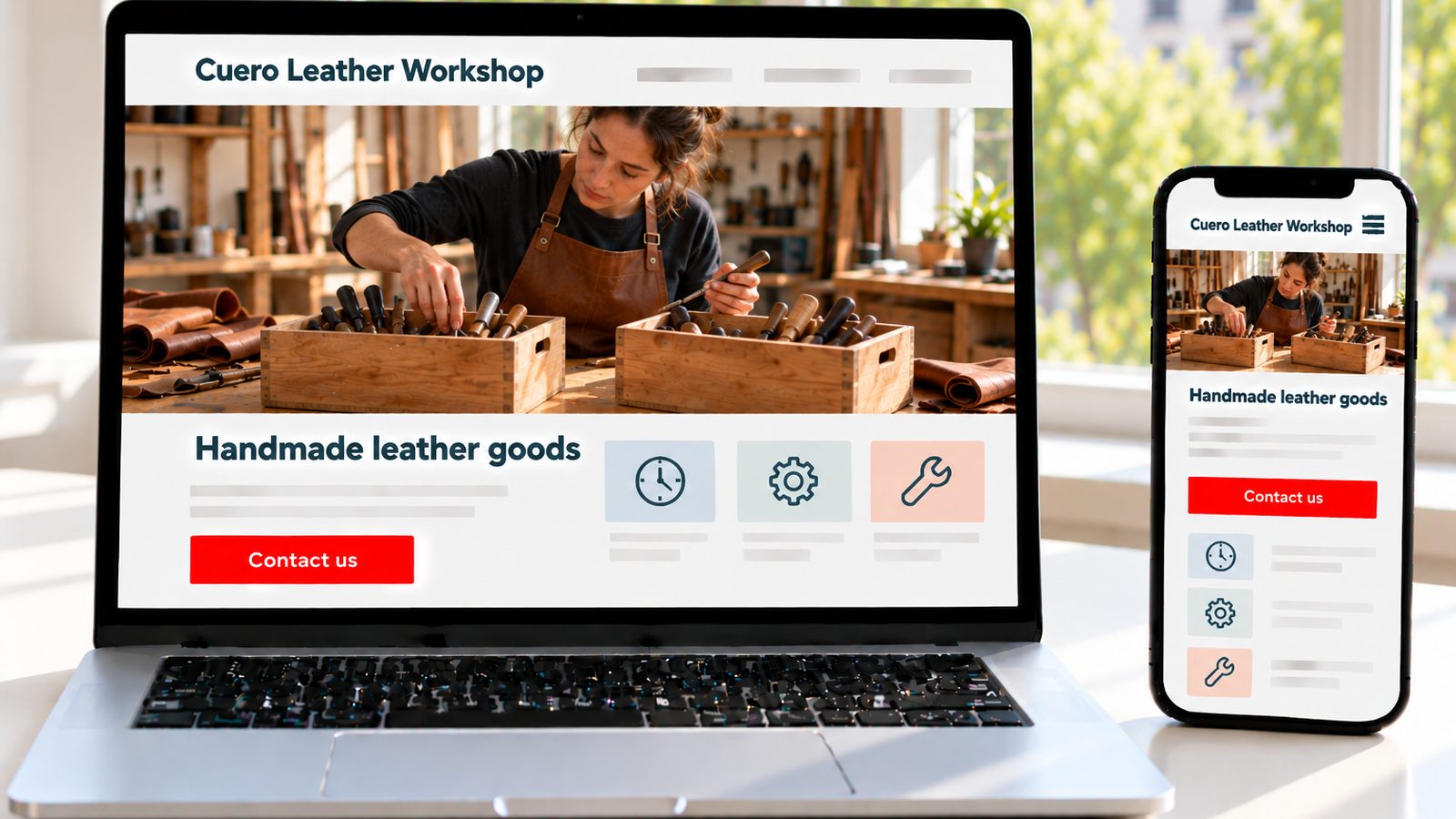 A laptop and smartphone display the Cuero Leather Workshop site with an artisan sorting tools.