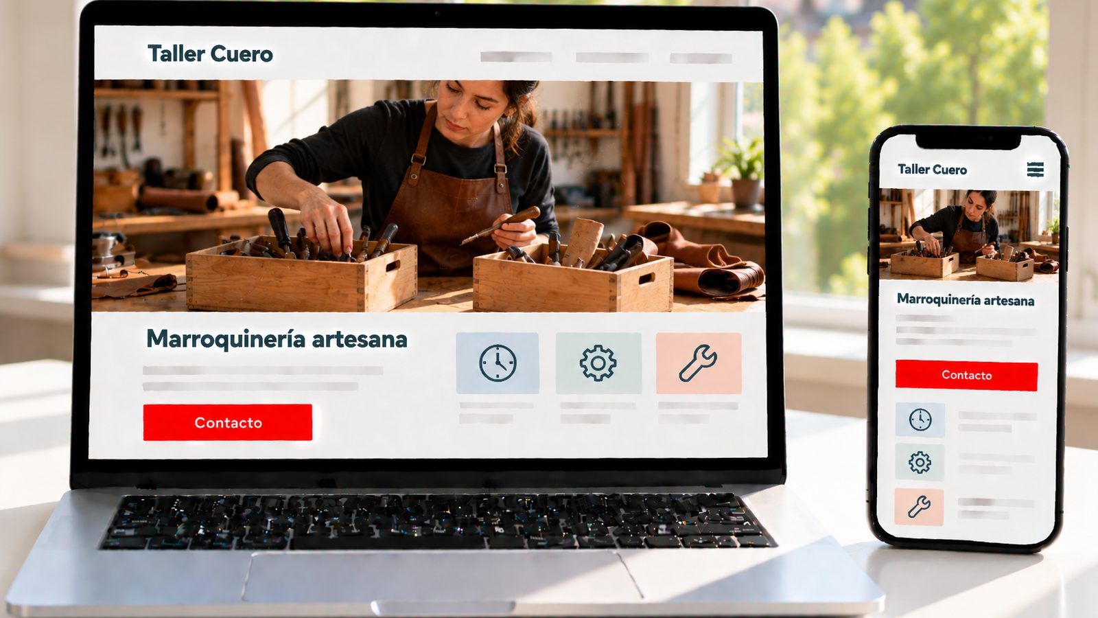 Un portátil y un móvil muestran la web de Taller Cuero con una artesana trabajando en su taller.