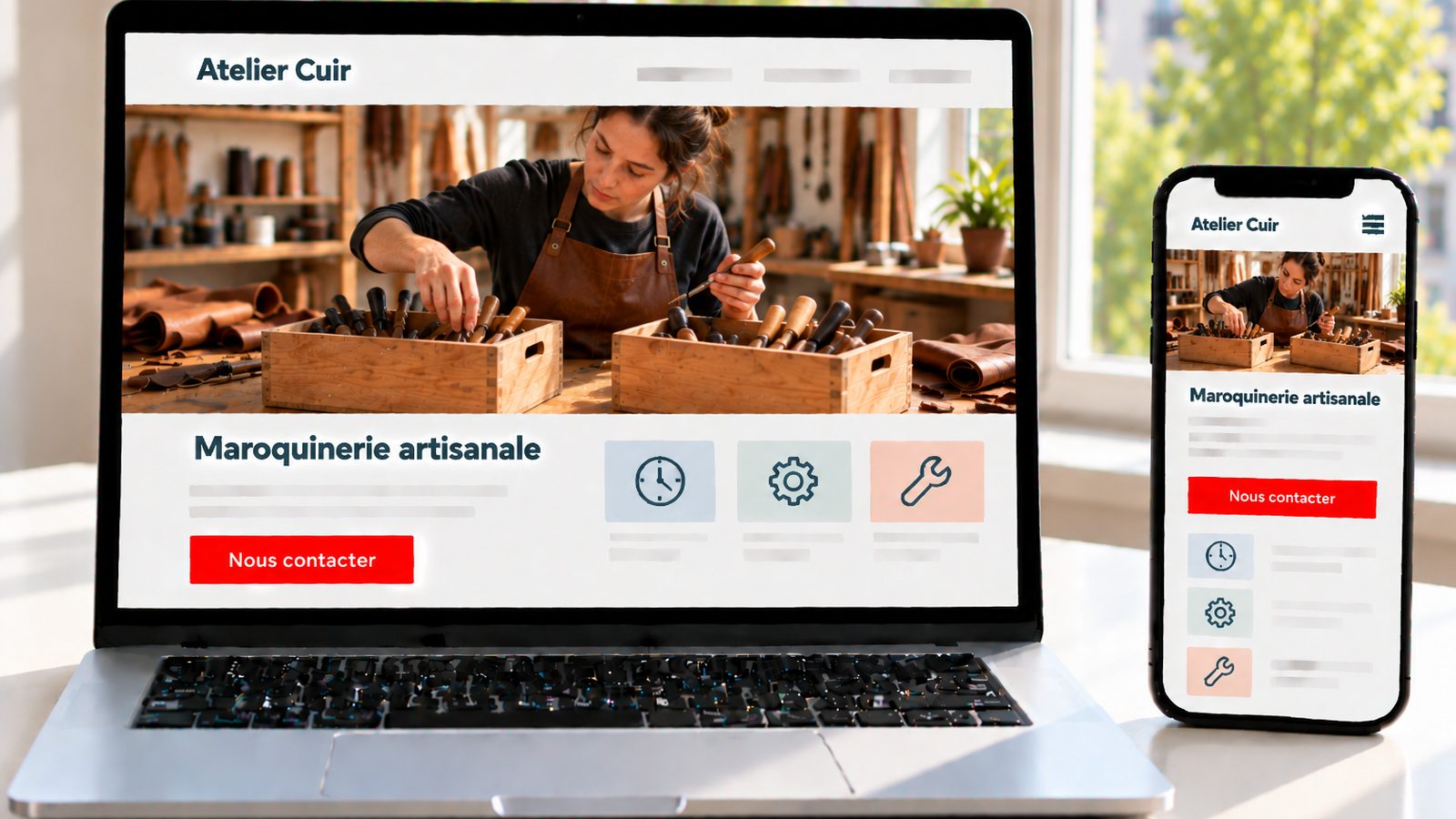 Un ordinateur et un smartphone affichent le site Atelier Cuir avec une artisane travaillant le cuir.