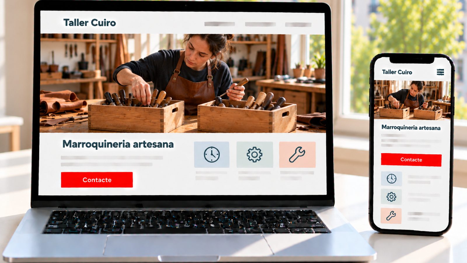 Un ordinador i un mòbil mostren la web de Taller Cuiro amb una artesana treballant en cuir.