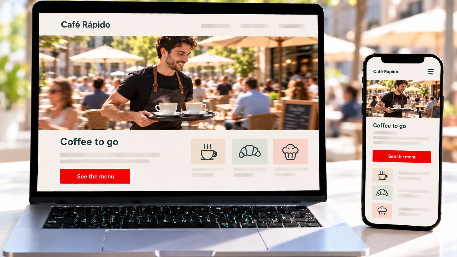 A laptop and smartphone display the Café Rápido website with a barista carrying two coffees on a busy terrace.