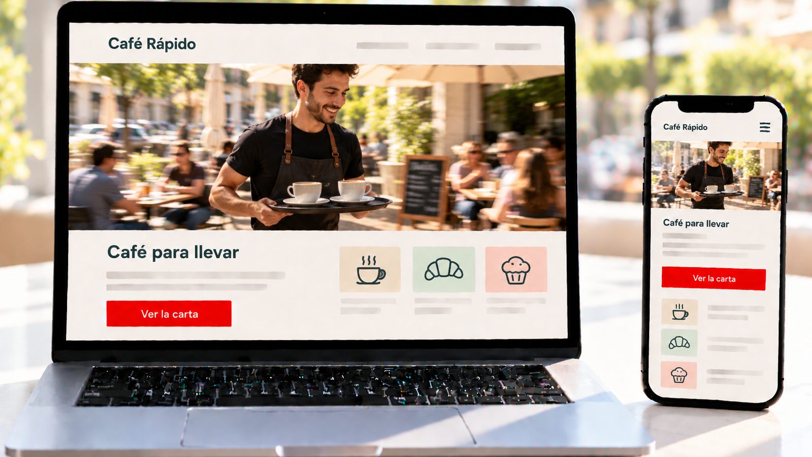 Un portátil y un móvil muestran la web de Café Rápido con un camarero llevando dos cafés en una terraza.