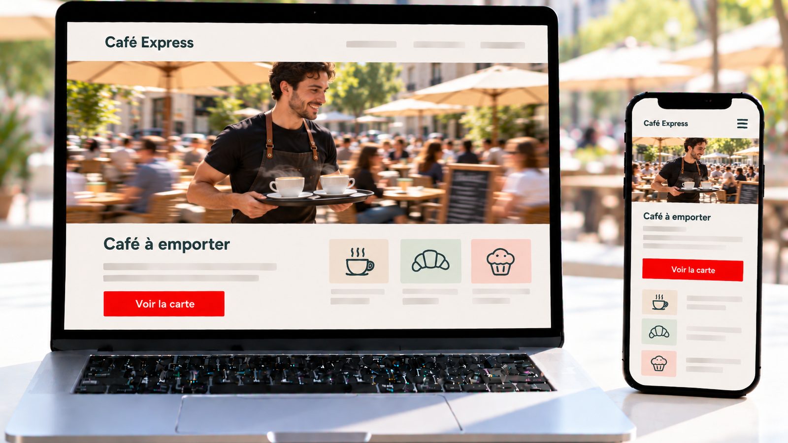 Un ordinateur et un smartphone affichent le site Café Express avec un serveur apportant deux cafés sur une terrasse.