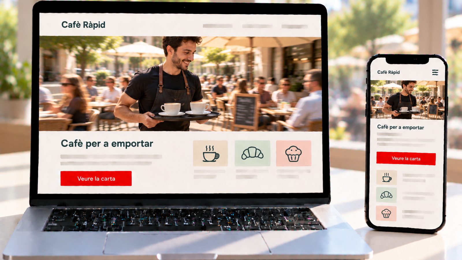 Un ordinador i un mòbil mostren la web de Cafè Ràpid amb un cambrer portant dos cafès en una terrassa.