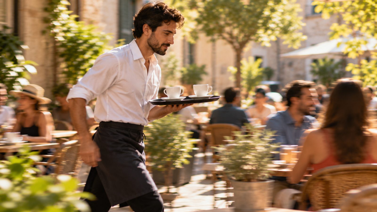Un camarero lleva dos cafés en una bandeja por una terraza concurrida, con un ligero desenfoque de movimiento.