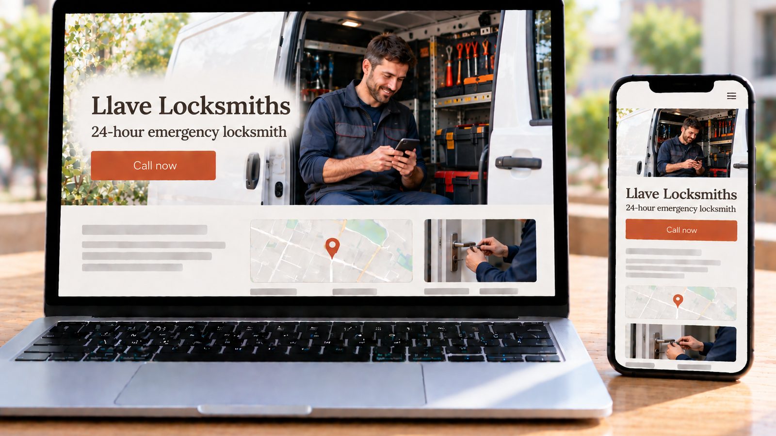 A laptop and smartphone display the Llave Locksmiths website with a locksmith checking his phone in a service van.