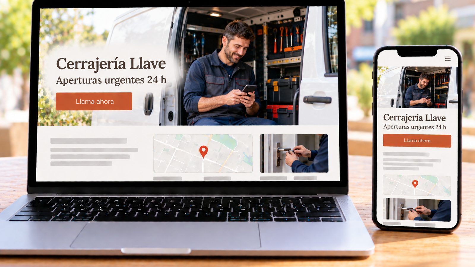 Un portátil y un móvil muestran la web de Cerrajería Llave con un cerrajero junto a su furgoneta.