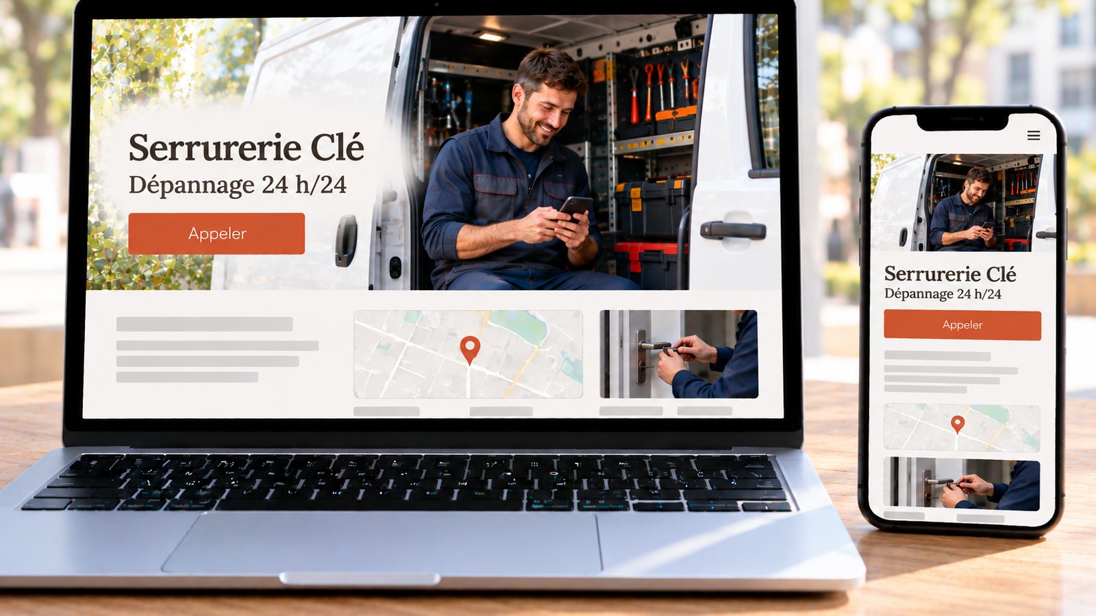 Un ordinateur et un smartphone affichent le site de Serrurerie Clé avec un serrurier dans sa camionnette.