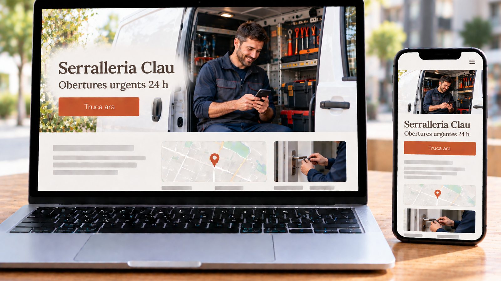 Un portàtil i un mòbil mostren la web de Serralleria Clau amb un manyà i la seua furgoneta.